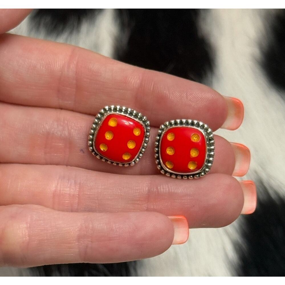 Sterling Silver Red Yellow Carved Dice Gamble Bet Square Stud Post Earrings #6